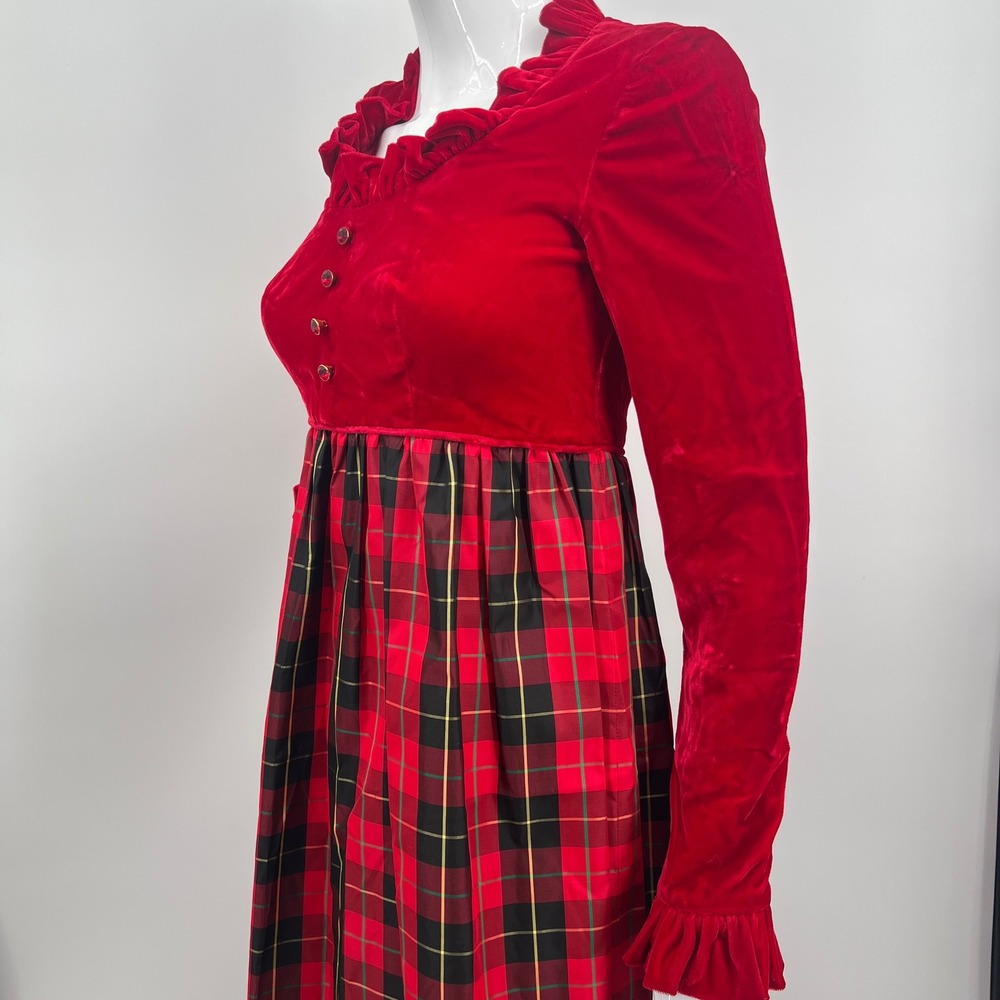 Vintage Regency Red Plaid Long Dress Velvet Bridgerton 70s Cottage Christmas - Picture 4 of 9